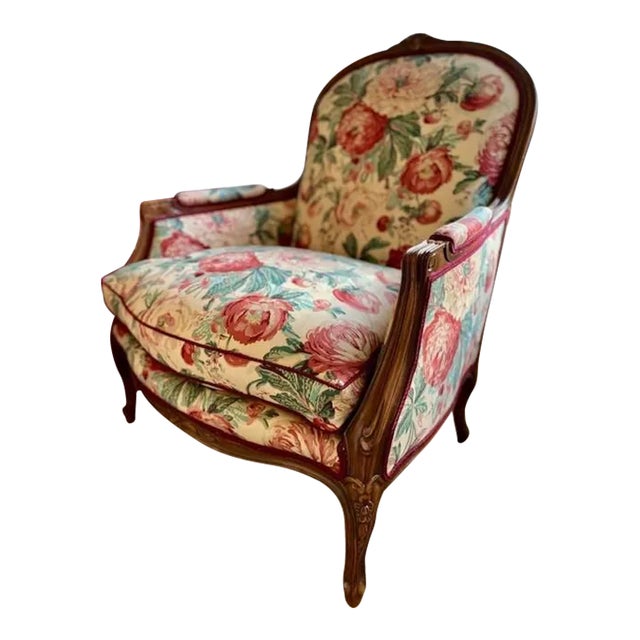 Custom Marquise Bergere Chair Upholstered in Heritage Floral Brunschwig & Fils For Sale