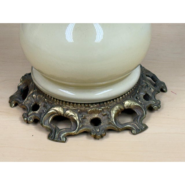 Vintage Porcelain Table Lamp With Victorian Beaded Fringe Lamp Shade For Sale - Image 11 of 12