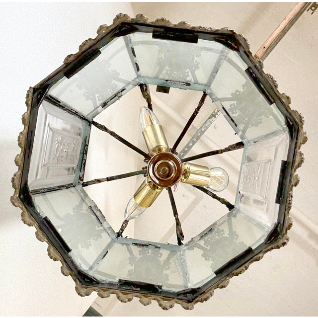 Antique Neoclassical Bronze & Etched Glass Ceiling Lantern For Sale - Image 10 of 11