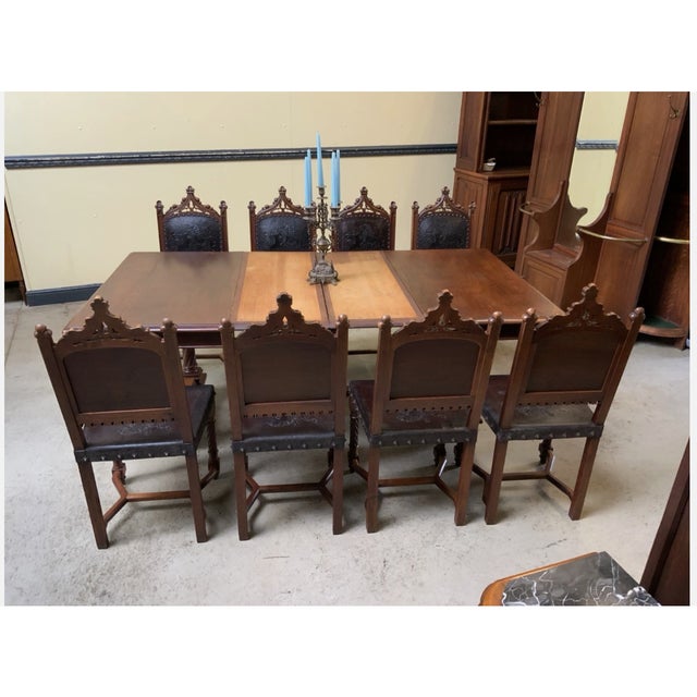 Antique Neo-Gothic Dining Set with Extendable Table and Chairs, 1880, Set of 9 For Sale - Image 4 of 15