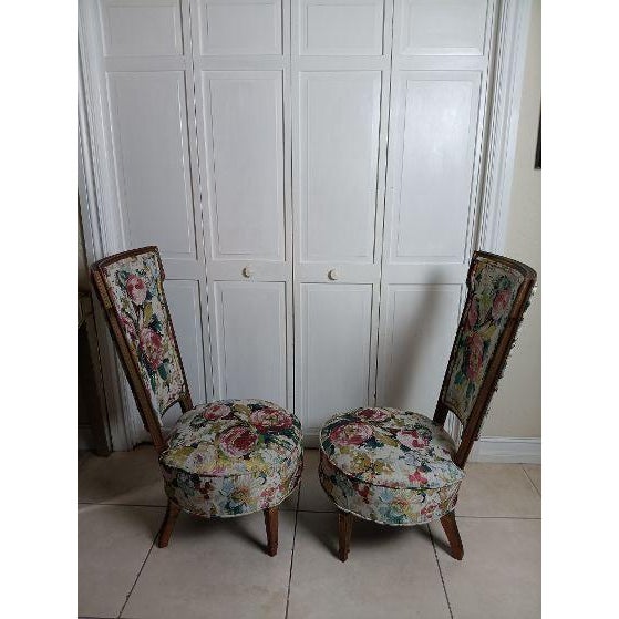 1950s 1950s Victorian Style Parlor Chair Wood Floral Design Cushion Set of 2 For Sale - Image 5 of 11