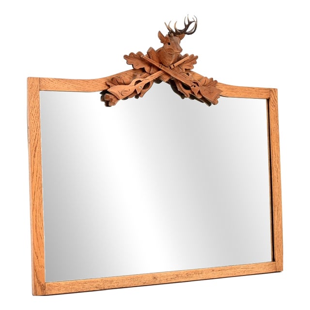 Antique Carved Oak Stag Mounted Mirror, 1950s For Sale