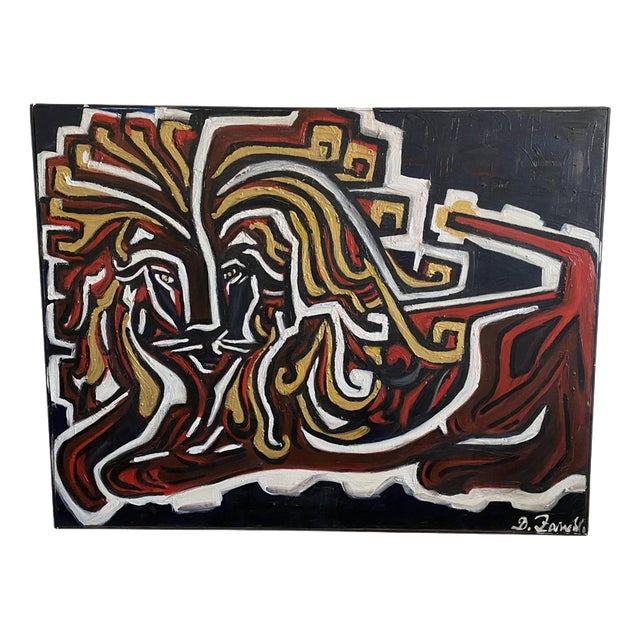Daniela Zanelli, A Lion in Black Red and Yellow, 2000, Oil Painting on Canvas For Sale