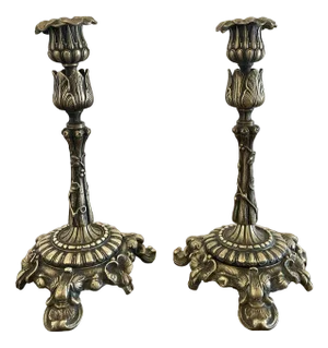 Antique Regency Ornate Brass Candleholders, 1825, Set of 2