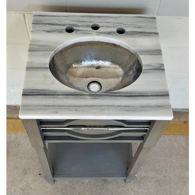 Original Retail $3900, stylish Ambella Home Modern Gray Wood and Marble Spindle Sink/Vanity, white and gray marble top...