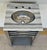 Original Retail $3900, stylish Ambella Home Modern Gray Wood and Marble Spindle Sink/Vanity, white and gray marble top...
