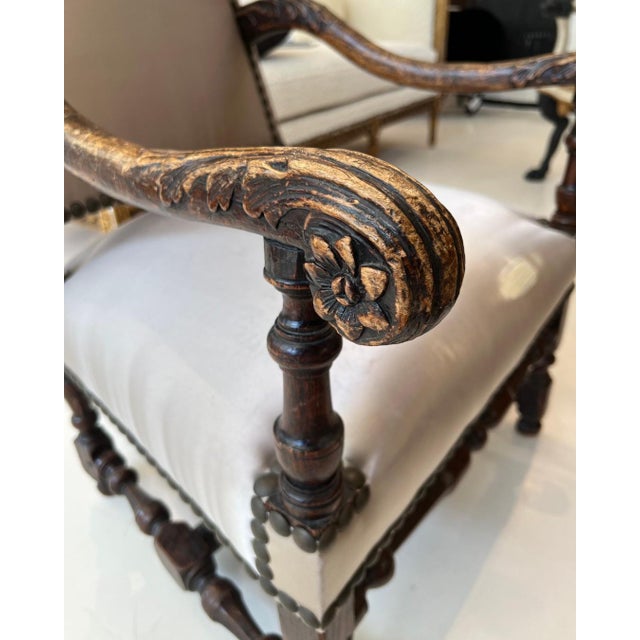 18th Century Louis XIII Style Arm Chair in Taupe Silk For Sale - Image 10 of 11