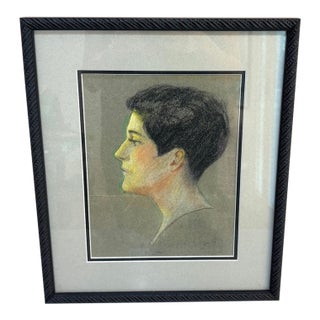 1960s Brunette Woman Profile Portrait Drawing For Sale