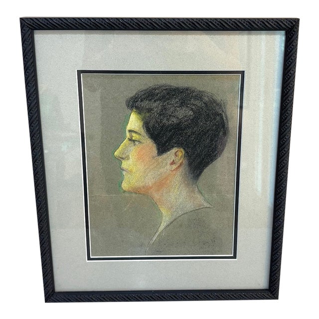 1960s Brunette Woman Profile Portrait Drawing For Sale