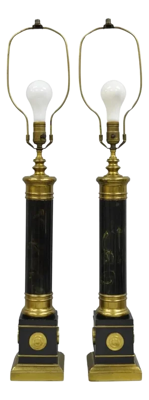 Vintage French Empire Brass Metal "Smoky" Celluloid Column Table Lamps - A Pair