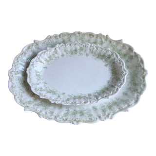 Late 19th Century, Elite Works Limoges France Porcelain Serving Platters Green Floral Garland Scalloped Edge - a Pair For Sale