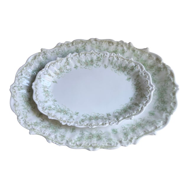 Late 19th Century, Elite Works Limoges France Porcelain Serving Platters Green Floral Garland Scalloped Edge - a Pair For Sale