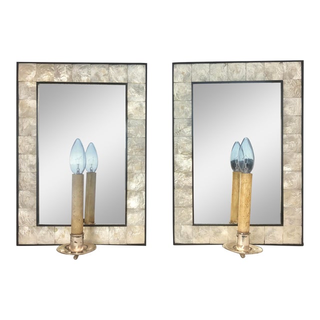 Mid 20th Century Mother Of Pearl Mirror And Lamp Sconce A Pair