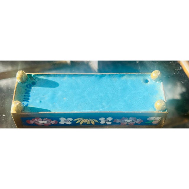 Metal Vintage Chinese Cobalt Blue Floral Cloisonné Stamp Box With Three Compartments For Sale - Image 7 of 11