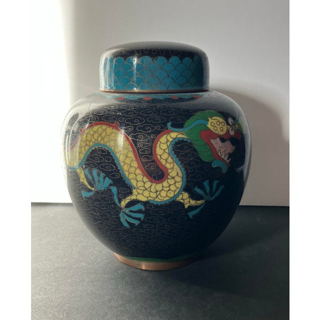 Vintage Chinese Cloisonné Dragon Ginger Jar W/ Lid, Decorative Collectible Vase For Sale In Washington DC - Image 6 of 12