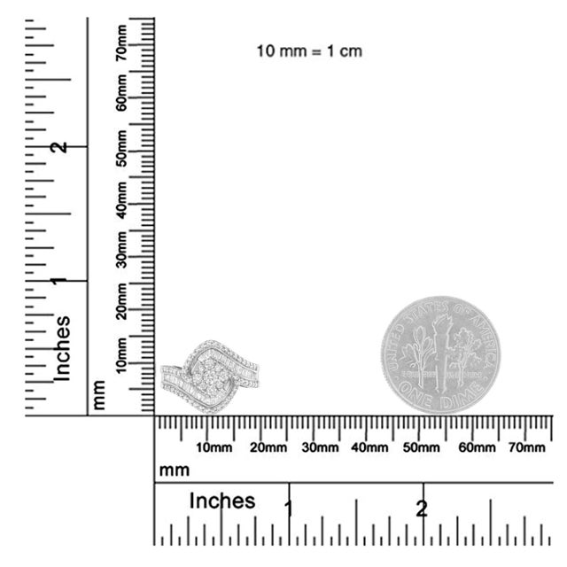 Metal 14K White Gold 1.0 Cttw Baguette & Brilliant-Cut Diamond Round Floral Cluster Engagement or Fashion Ring with Swirl Wrapped Triple Row Band Size 7.25 For Sale - Image 7 of 7
