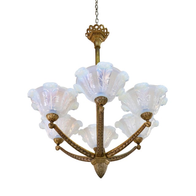 Ceiling Lamp with Bronze Mount and Opalescent Glass, 1930s For Sale - Image 3 of 11