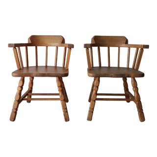 Pair of Antique Craftsman Wood Barrel Arm Chairs For Sale