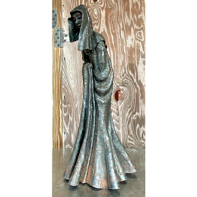 Vintage Brutalist Patinated Steel Cloaked Woman Sculpture For Sale - Image 12 of 15