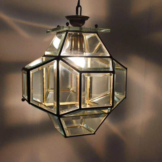 Large Italian Lantern in Brass & Cut Glass, 1950s For Sale - Image 6 of 17