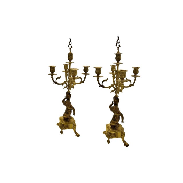 Mid 20th Century Candelabra Pair Brass 4 Arms With Cherub Angel Figures Vintage French Decor For Sale In Tulsa - Image 6 of 9