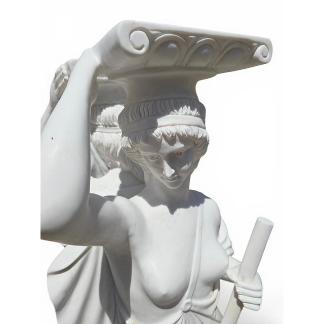 Italian Classical Marble Pedestals with Sculpted Figures, 1980, Set of 2 For Sale - Image 4 of 14