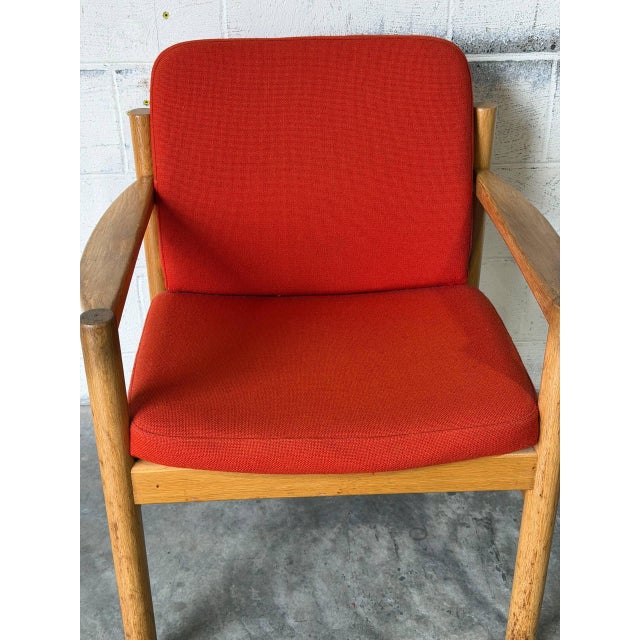Vintage Danish Oak Lounge Chair by Skive Møbelfabrik Mid-Century Modern Red Upholstery For Sale - Image 10 of 13
