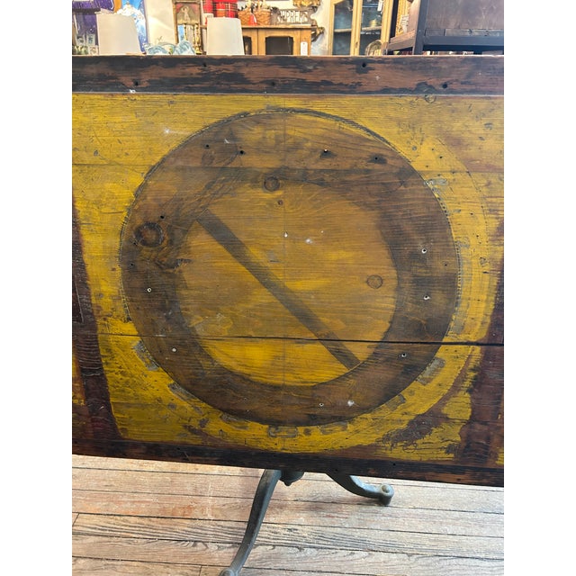 Industrial Salvaged Tilt Top Wood Work Table With Iron Base For Sale - Image 14 of 18