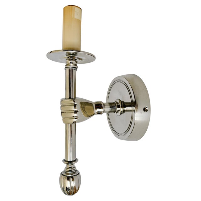 Mid-Century Modern 1990s Jacques Adnet Style Polished Nickel Hand Sconces, Wall Lamps - A Pair For Sale - Image 3 of 9