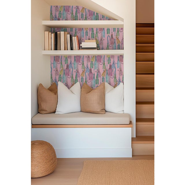 Textile Tassel Trellis Grasscloth Wallpaper by House Party | Patina Pink | 8 Yards For Sale - Image 7 of 9