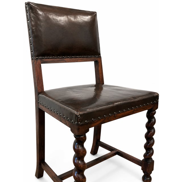 Baroque Antique Leather and Oak Studded Back Chairs, 1890s, Set of 3 For Sale - Image 3 of 5