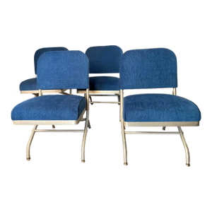 1930s Warren McArthur for Mayfair Industries Aluminum & Blue Velvet Chairs- Set of 4