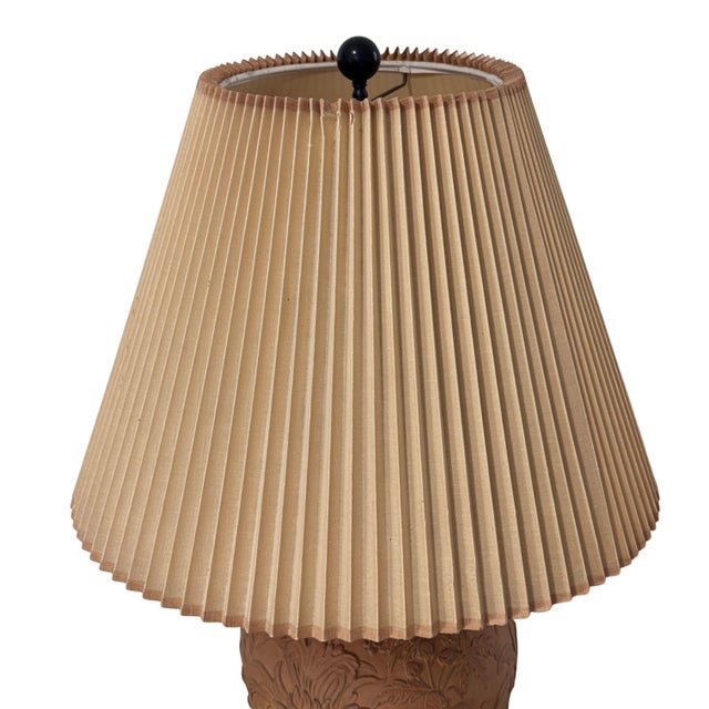 Terra Cotta Vintage 1970's Chapman Chinoiserie Relief-Carved Terracotta Lamp W/ Original Shade For Sale - Image 8 of 12