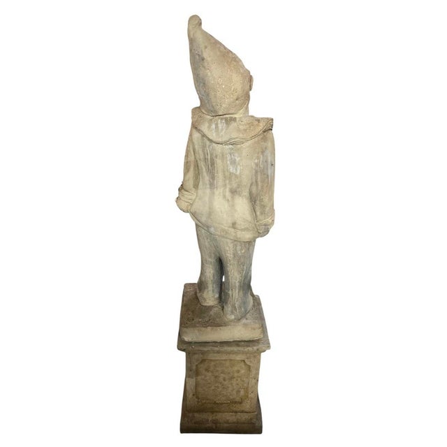 Traditional Vintage Cast Stone Pierrot Garden Statue on Pedestal For Sale - Image 3 of 12