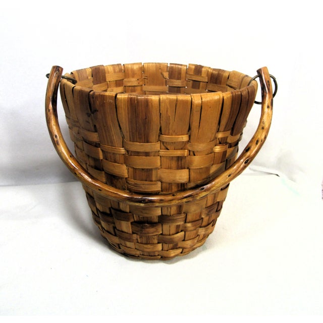 Mid-Century Modern Vintage Wood Slat Basket + Bent Wood Stick Handle For Sale - Image 3 of 16