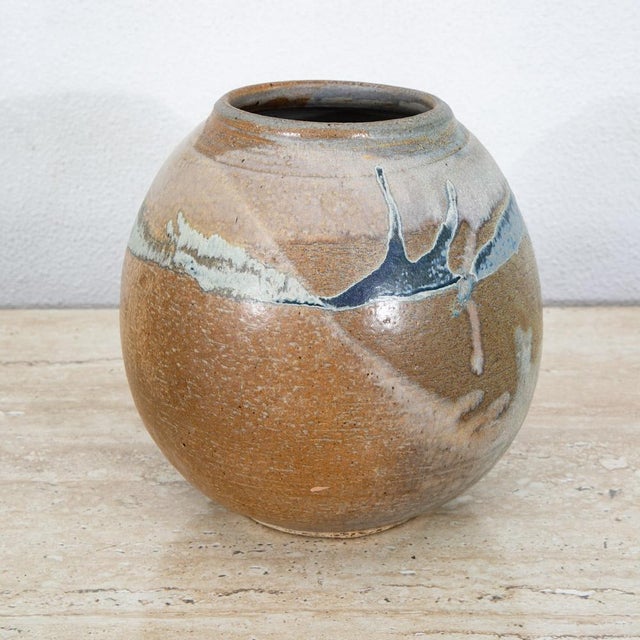 Mid Century Modern Round Vase Blue Tan Glaze Studio Ceramic Weed Vintage Flower For Sale - Image 12 of 12