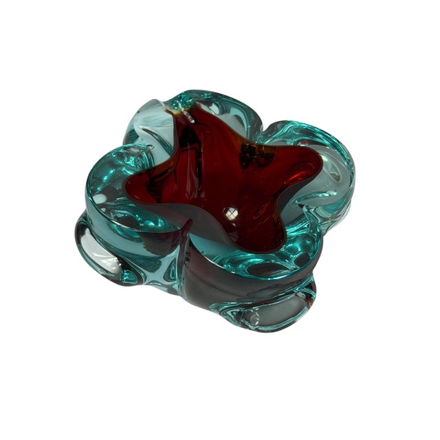 1960s Italian Murano Sommerso Ruby Red & Aqua Art Glass Bowl / Ashtray For Sale - Image 16 of 18
