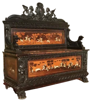 Renaissance Style Blackened Wood and Marquetry Chest Bench, 19th Century