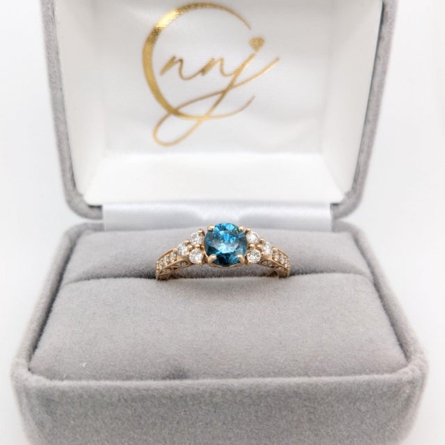 Metal Vintage Inspired Blue Diamond Ring: Solid 14k Yellow Gold, Round 6mm, Size 6.75 For Sale - Image 7 of 9
