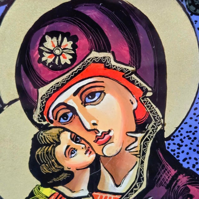 Traditional Ukrainian Reverse Glass Icon “Virgin of Tenderness” by Natalia Khatsko, 2002 For Sale - Image 3 of 11