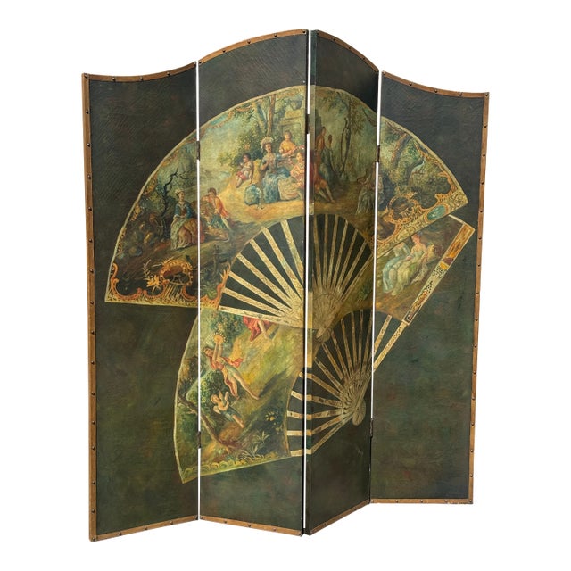 Vintage "Vernis Martin" Antique Style Hand-Painted 4-Panel Folding Screen Room Divider For Sale