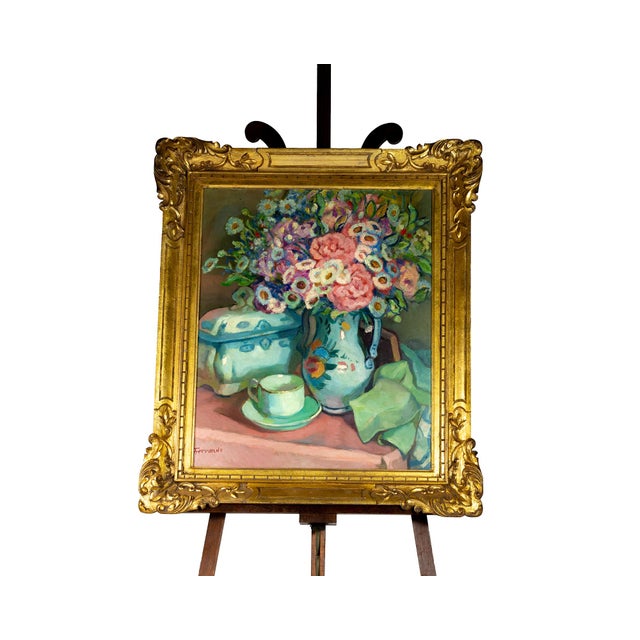 A vibrant color palette power florals still life painting of peonies in a blue vase cup on the table with a glitwood...