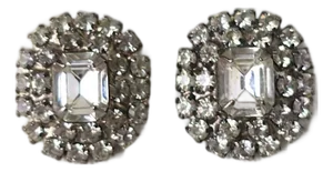 Rhinestone Emerald Cut Cluster Earrings, Circa Mid-20th Century, Pair