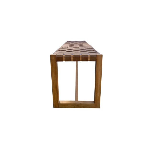 Teak Wood Framed Bench, With Woven Leather Seat For Sale - Image 4 of 4