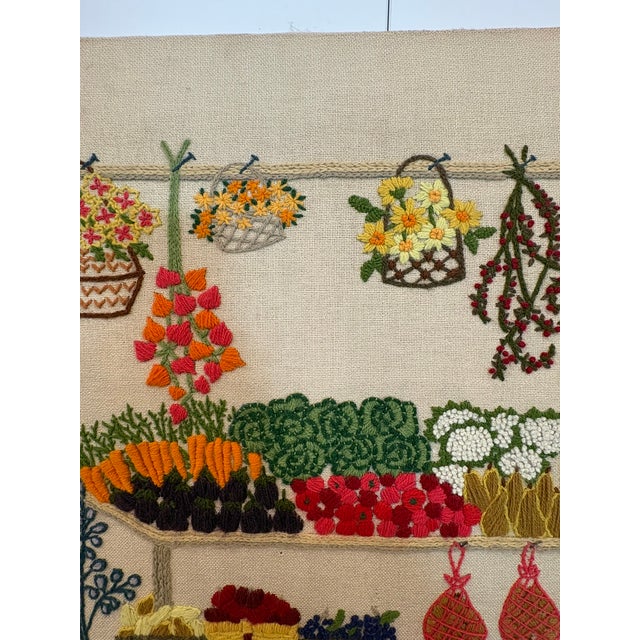 Green Vintage Nancy Meyers Style Crewel Embroidered Farmers Garden Market Still Life Wall Art For Sale - Image 8 of 14