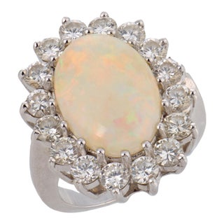 Mid Century Opal Diamond 14k White Gold Cocktail Ring, Size 4.5 For Sale