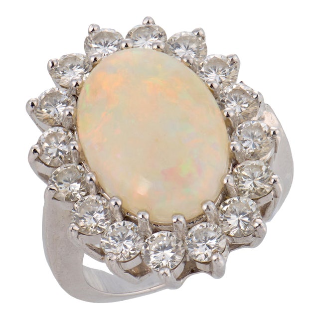 Mid Century Opal Diamond 14k White Gold Cocktail Ring, Size 4.5 For Sale