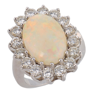 Mid Century Opal Diamond 14k White Gold Cocktail Ring, Size 4.5