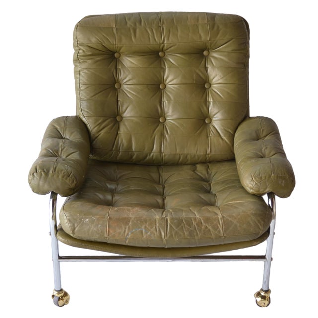 1970's Olive Green Tufted Leather Lounge Chair Chairish