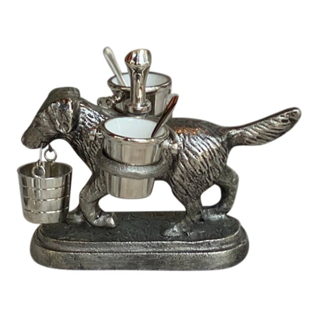 English Foxhound Condiment Set Silver- Plated Dog Table Caddy With Salt and Pepper Pots For Sale